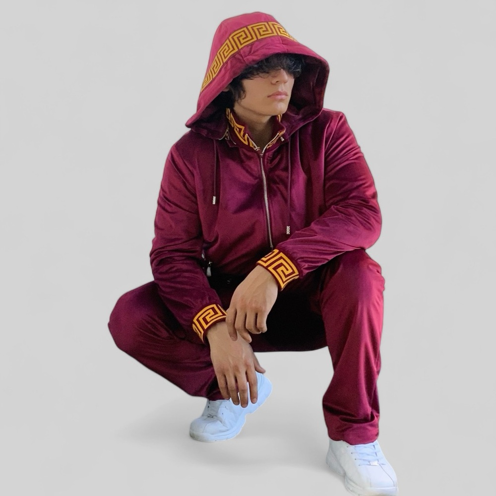 Men’s Manzini Burgundy | Gold Velvet Hooded Causal Tracksuits NWT